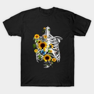 Botanical human skeleton art, Rib cage and flowers, sunflowers and butterflies ribcage T-Shirt